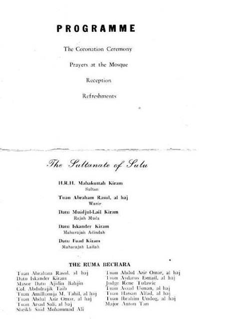 1HM Sultan Mahakuttah Kiram coronation ceremony program (1974), which also confirms that HM Muedzul-Lail T. Kiram was already Raja Muda (Crown Prince) at that t