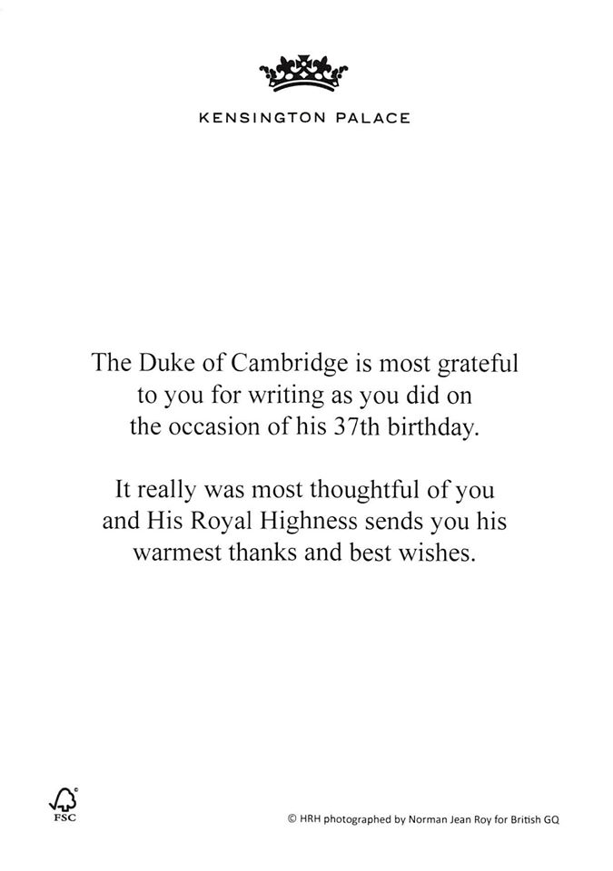 Duke of Cambridge Birthday 2019 Letter 1