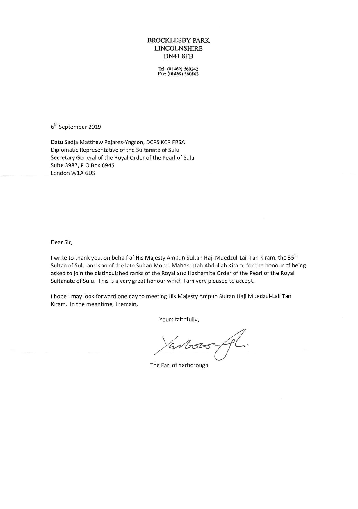 Earl of Yarborough Letter page 001 1