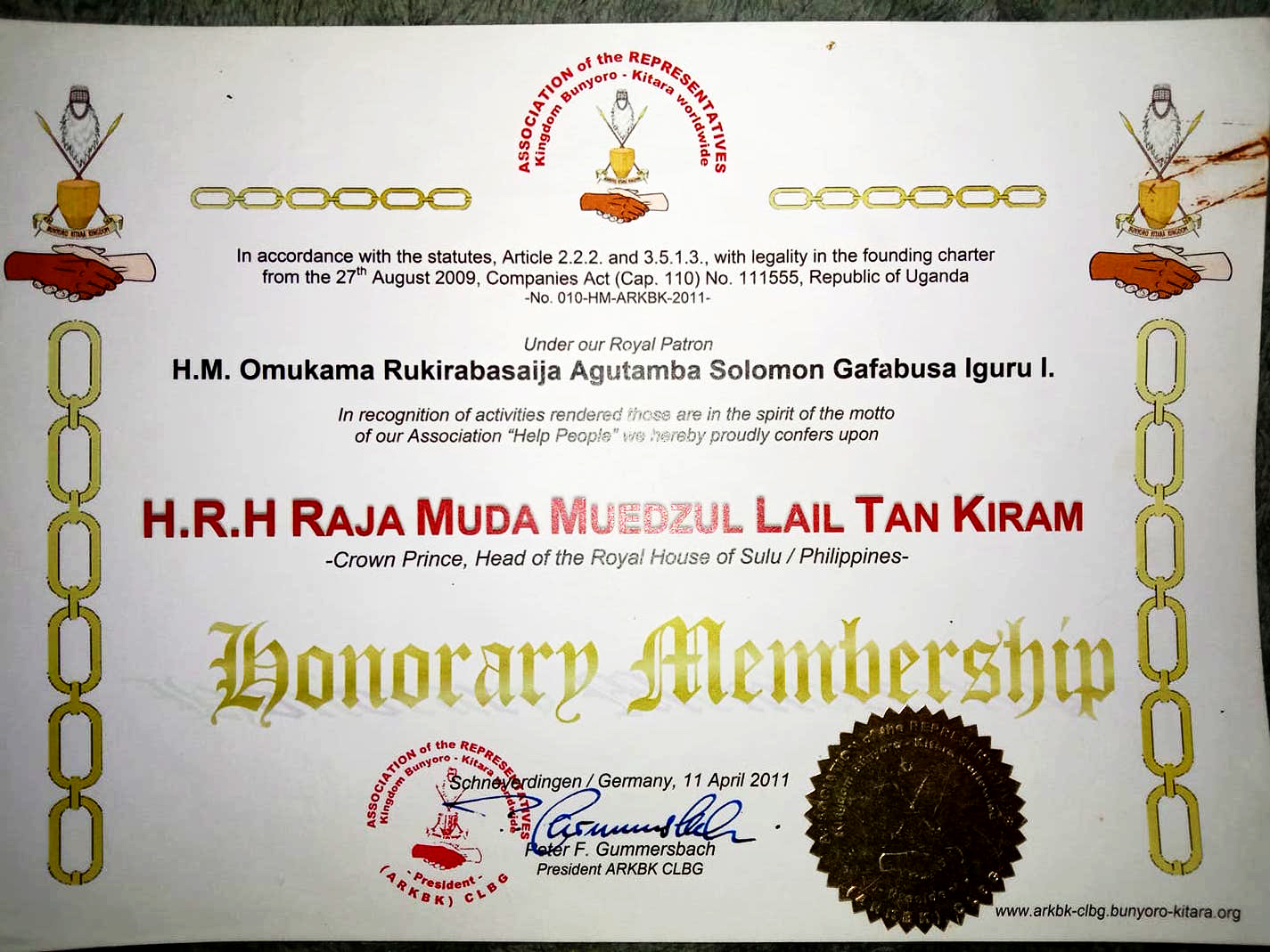 Honorary Member Association of Representatives Bunyoro Kitara Uganda 2011 1